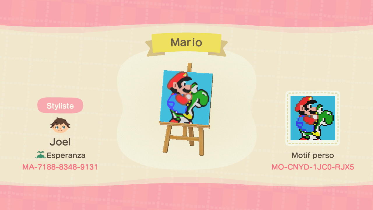 Animal Crossing Design Code: MO-CNYD-1JC0-RJX5 Mario and Yoshi
