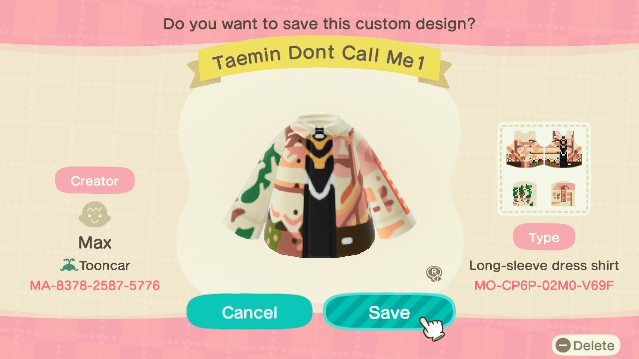 Animal Crossing Design Code: MO-CP6P-02M0-V69F SHINee Taemin DCM1