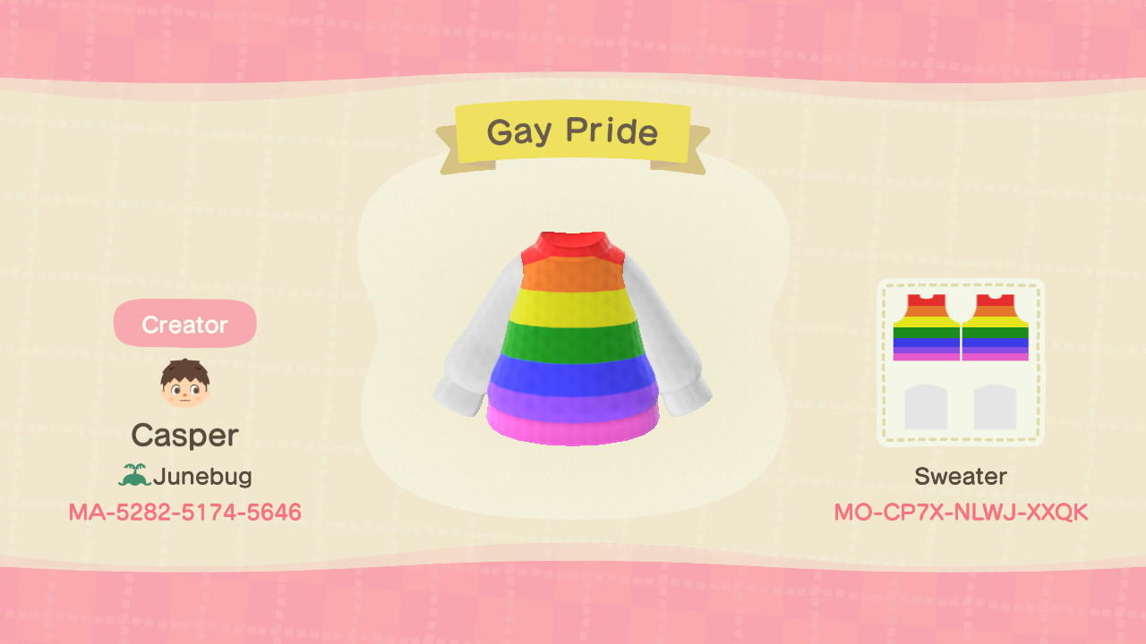 Animal Crossing Design Code: MO-CP7X-NLWJ-XXQK Gay Pride Sweater