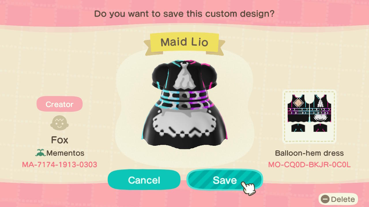 Animal Crossing Design Code: MO-CQ0D-BKJR-0C0L Maid Lio
