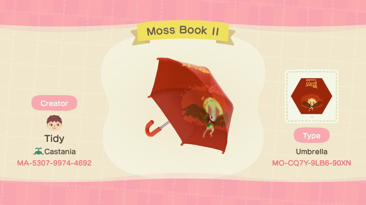 Animal Crossing Design Code: MO-CQ7Y-9LB6-90XN Moss Book 2 Umbrella