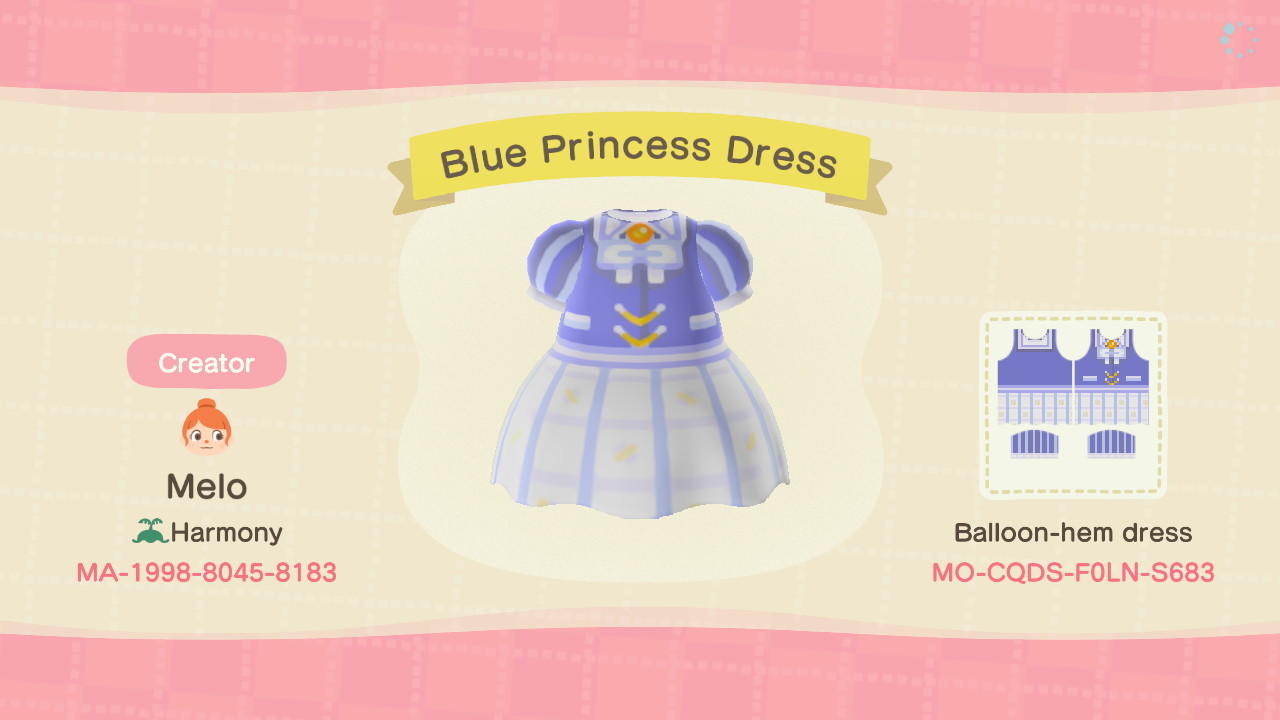 Animal Crossing Design Code: MO-CQDS-F0LN-S683 Blue Princess Dress