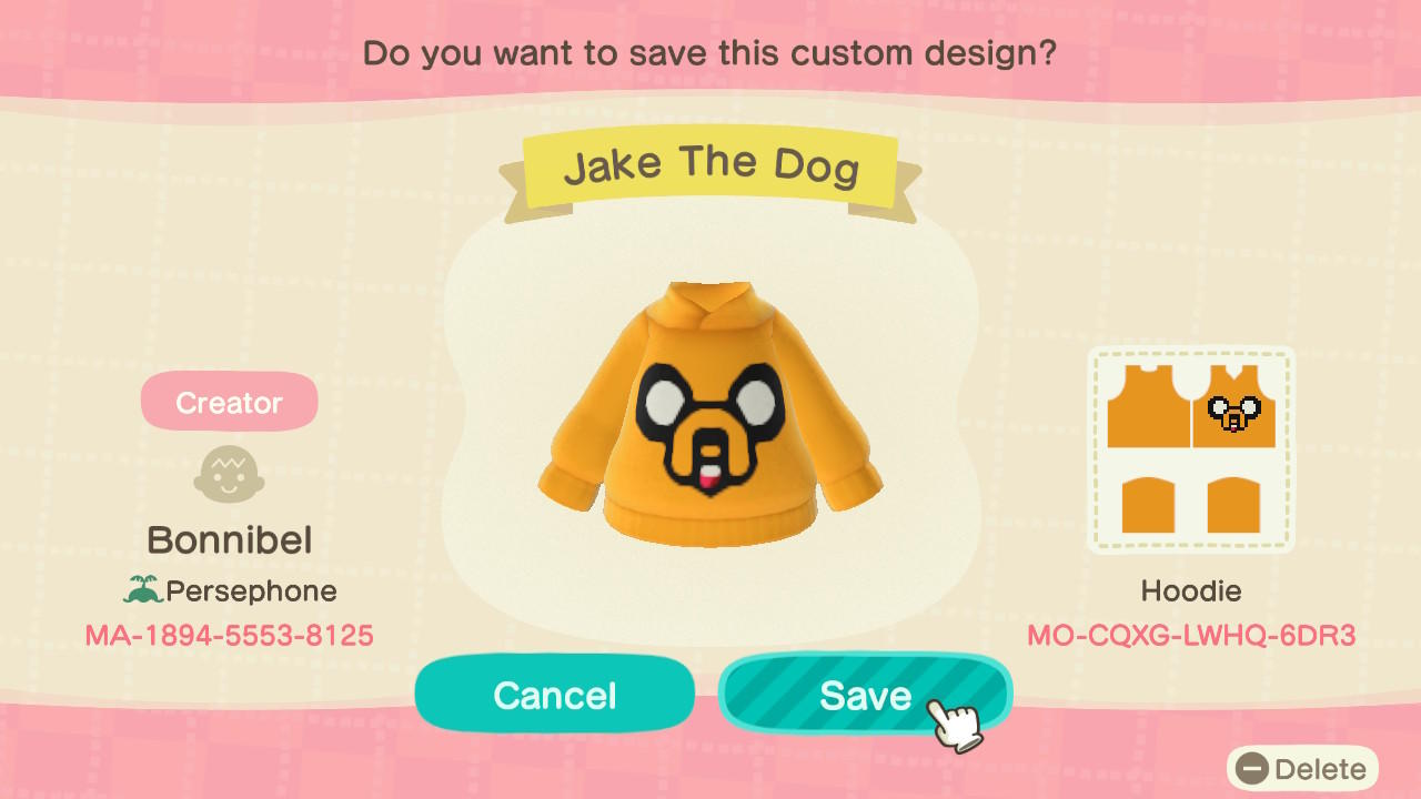 Animal Crossing Design Code: MO-CQXG-LWHQ-6DR3 Jake The Dog Hoodie