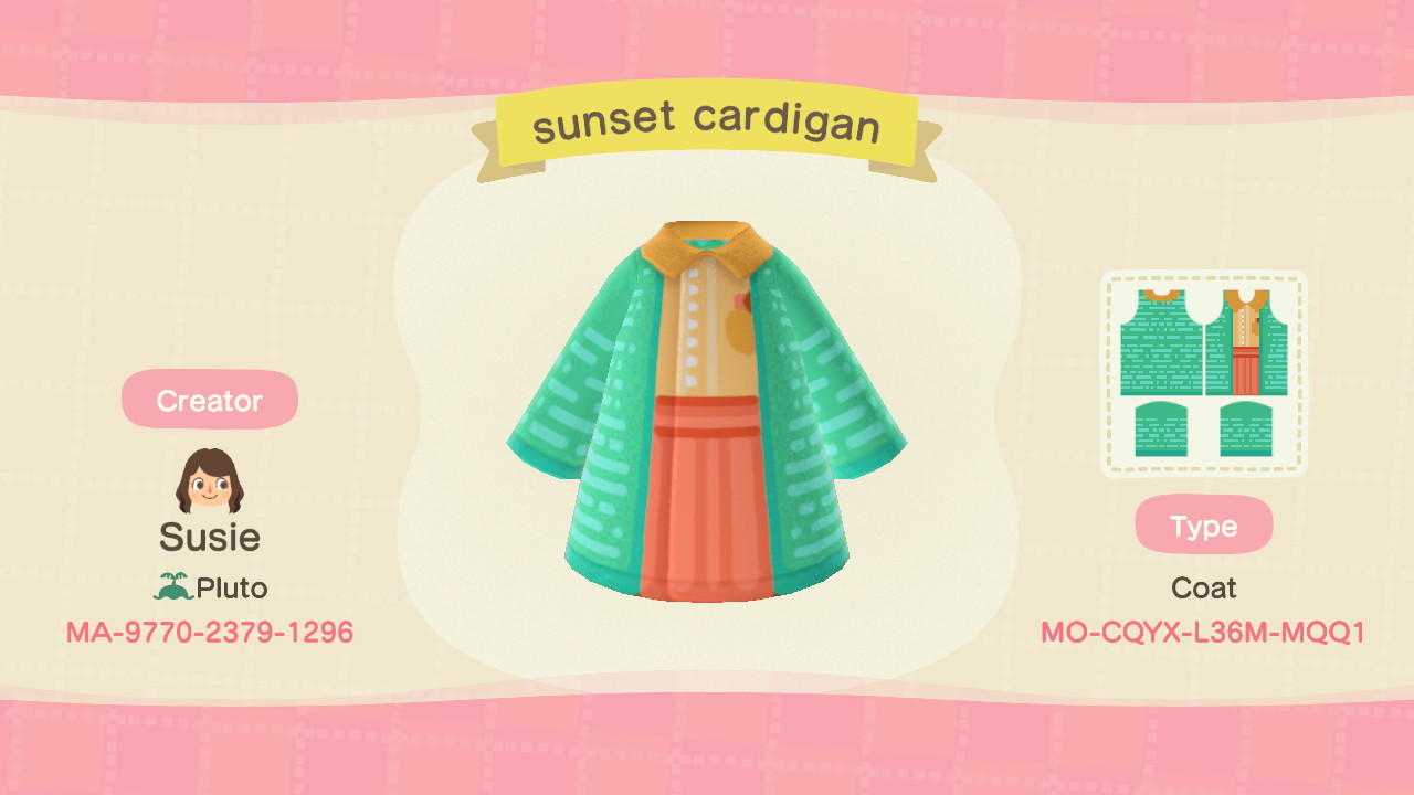 Animal Crossing Design Code: MO-CQYX-L36M-MQQ1 Sunset Cardigan