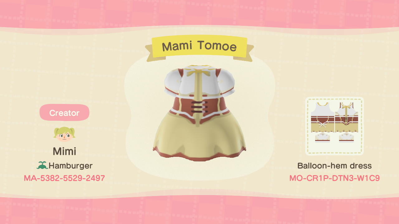 Animal Crossing Design Code: MO-CR1P-DTN3-W1C9 Mami Tomoe