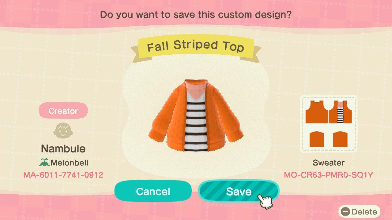 Animal Crossing Design Code: MO-CR63-PMR0-SQ1Y Fall Striped Top