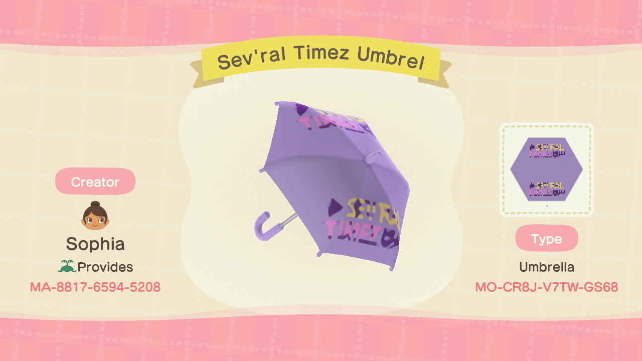 Animal Crossing Design Code: MO-CR8J-V7TW-GS68 Sev'ral Timez Umbrel