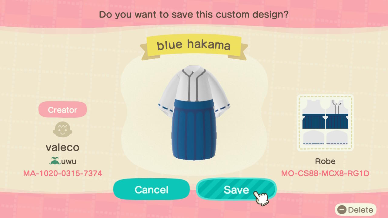 Animal Crossing Design Code: MO-CS88-MCX8-RG1D Blue hakama