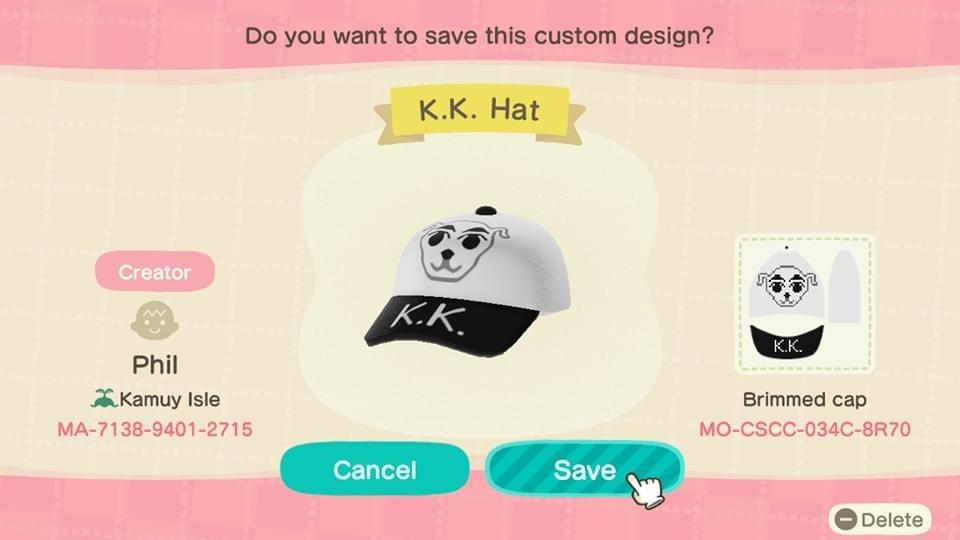 Animal Crossing Design Code: MO-CSCC-034C-8R70 K.K. Hat