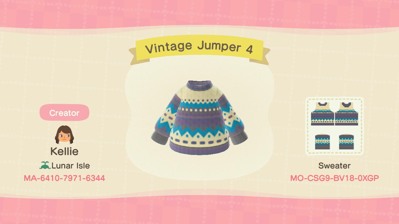 Animal Crossing Design Code: MO-CSG9-BV18-0XGP Vintage Jumper 4