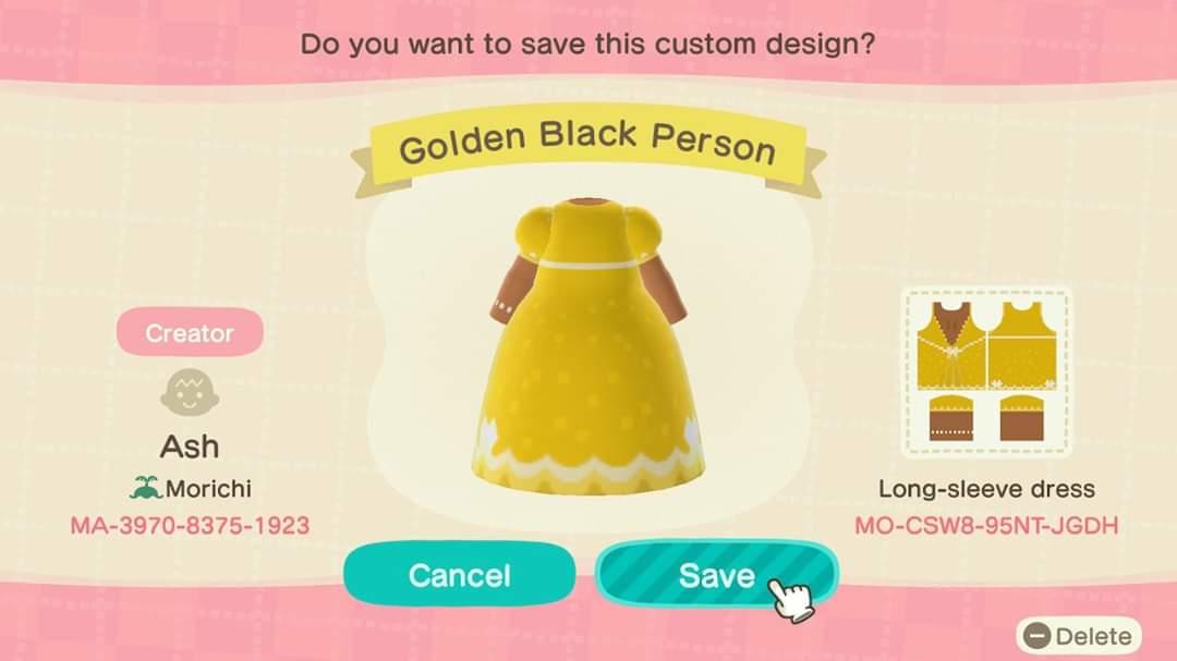 Animal Crossing Design Code: MO-CSW8-95NT-JGDH Golden Black Person