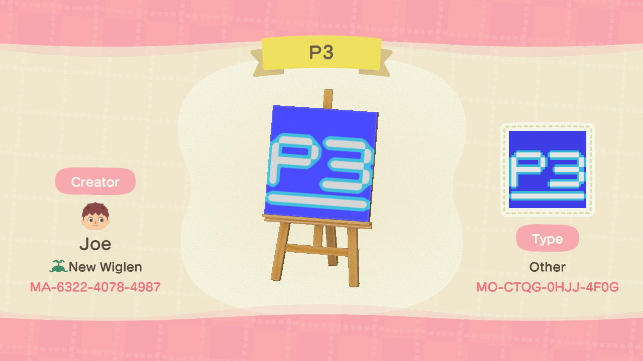Animal Crossing Design Code: MO-CTQG-0HJJ-4F0G Persona 3 P3 Logo