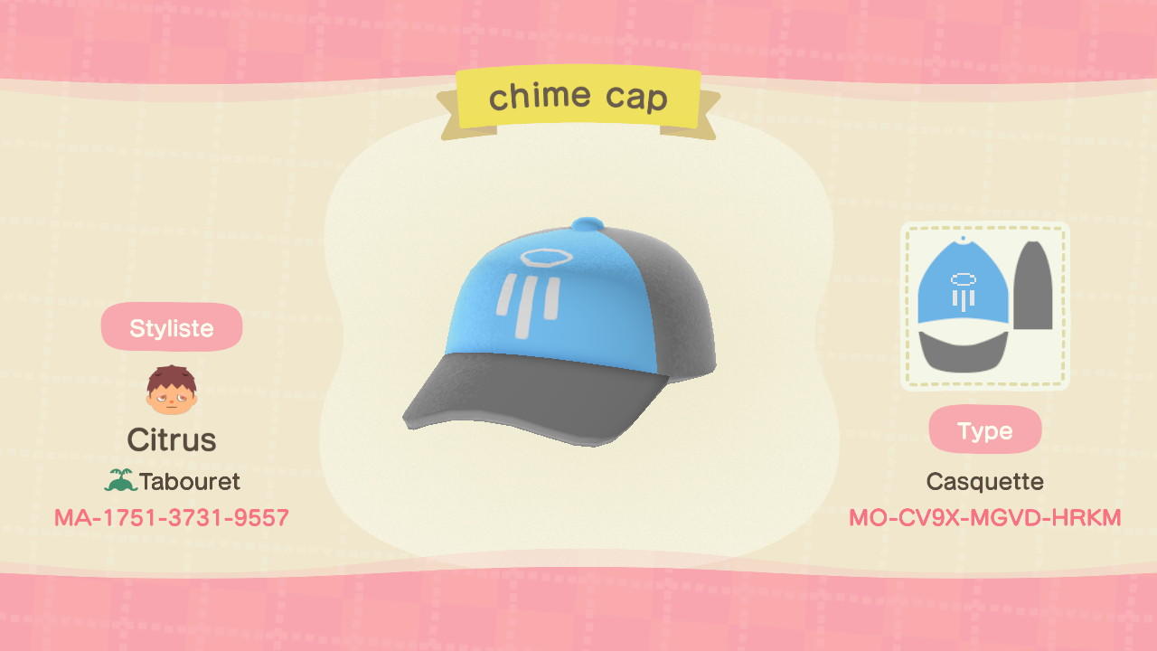 Animal Crossing Design Code: MO-CV9X-MGVD-HRKM Chime logo cap