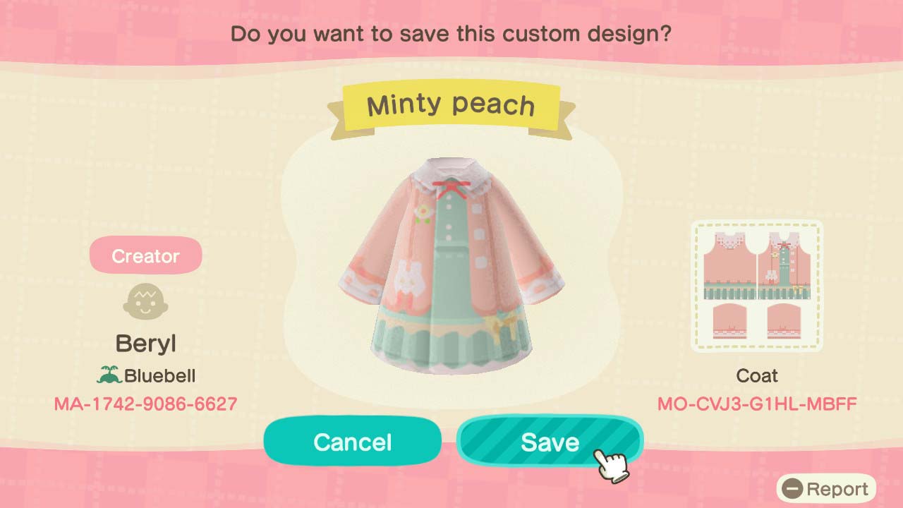 Animal Crossing Design Code: MO-CVJ3-G1HL-MBFF Minty Peach
