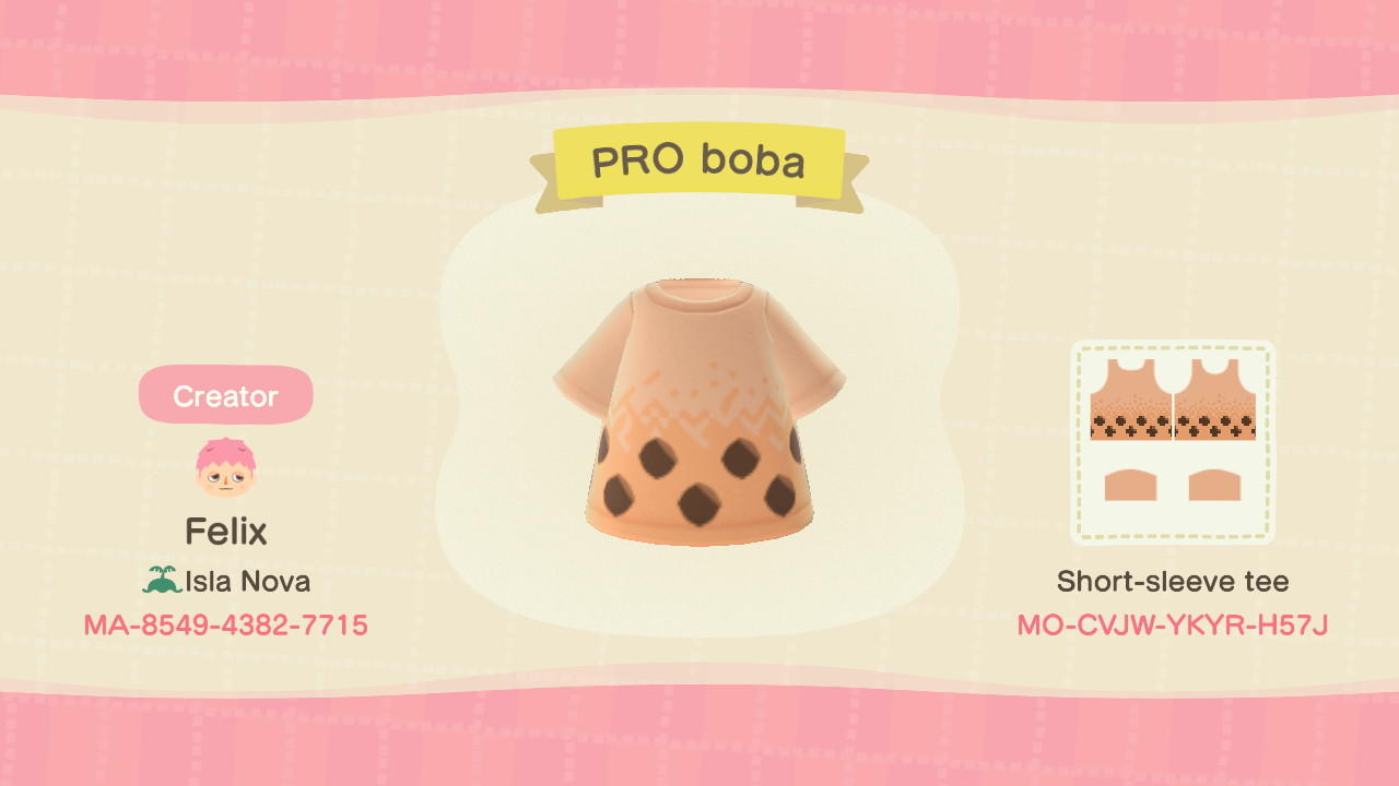 Animal Crossing Design Code: MO-CVJW-YKYR-H57J Boba Shirt
