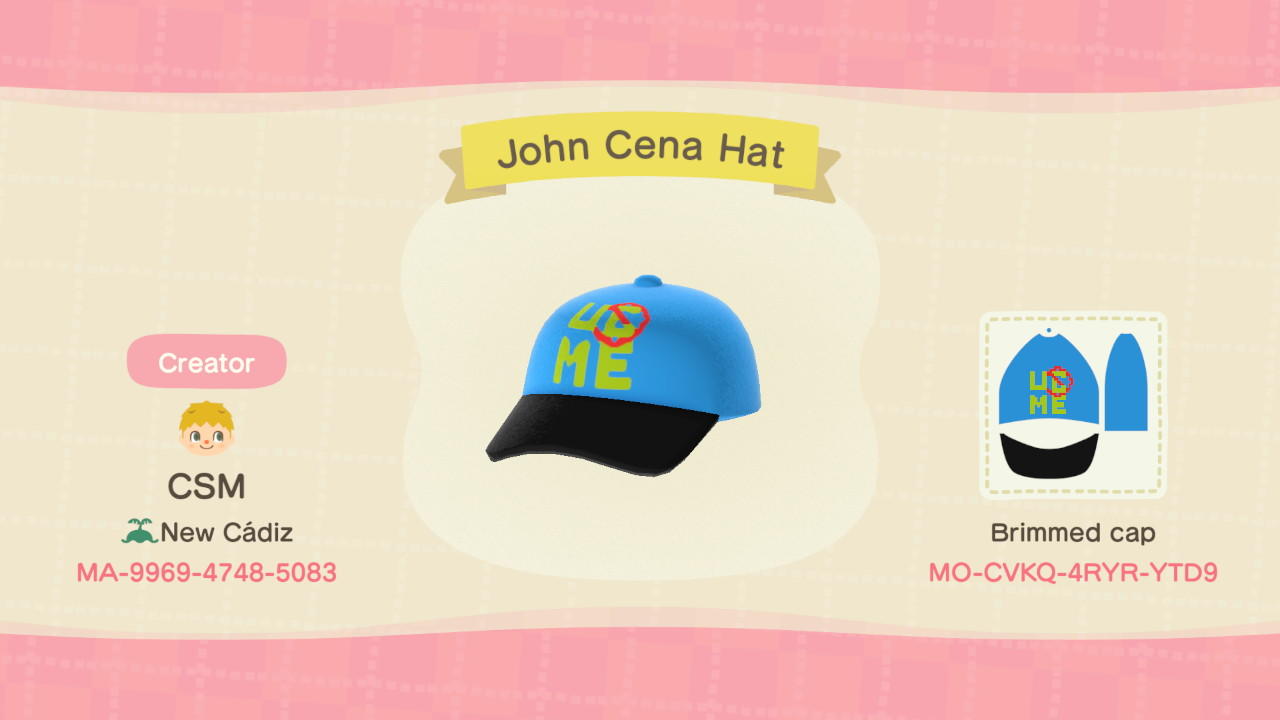 Animal Crossing Design Code: MO-CVKQ-4RYR-YTD9 John Cena Hat