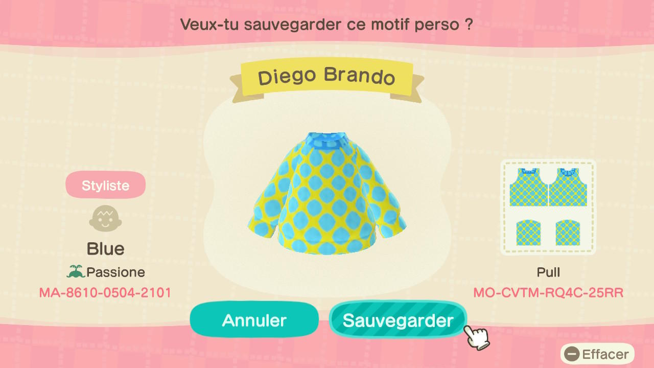 Animal Crossing Design Code: MO-CVTM-RQ4C-25RR Diego Brando
