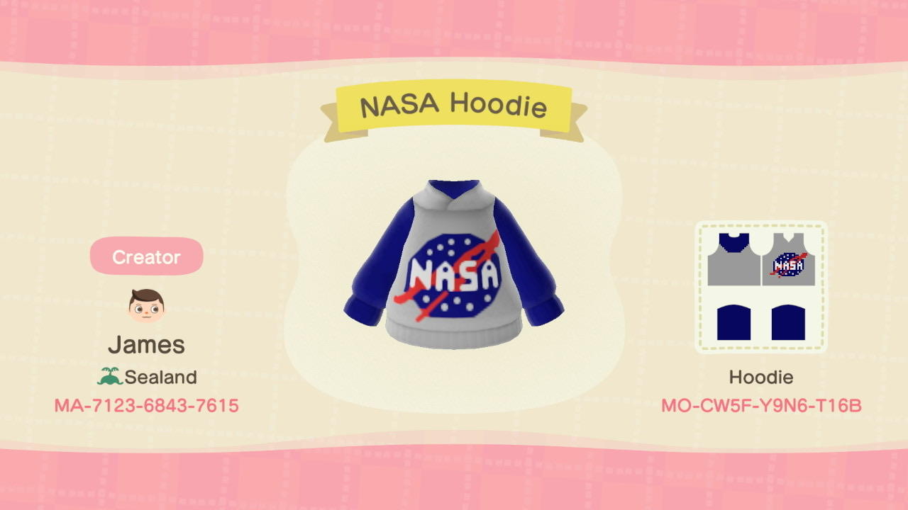 Animal Crossing Design Code: MO-CW5F-Y9N6-T16B NASA Hoodie
