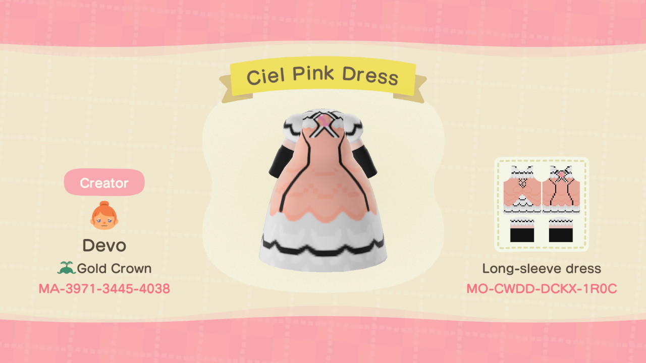 Animal Crossing Design Code: MO-CWDD-DCKX-1R0C Ciel Pink Dress