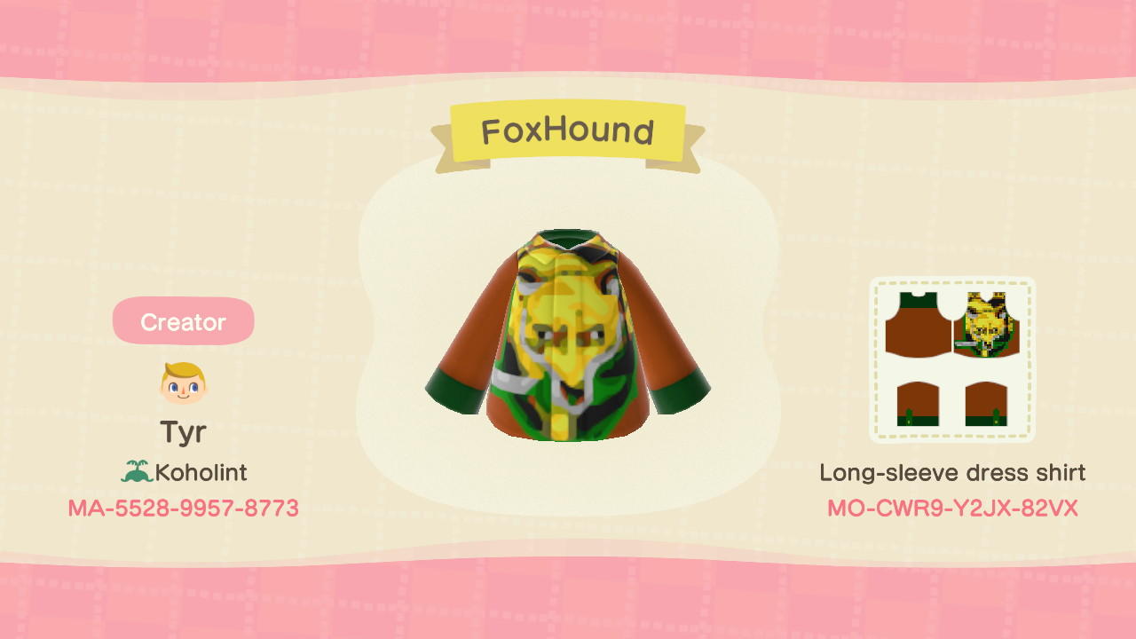 Animal Crossing Design Code: MO-CWR9-Y2JX-82VX FoxHound