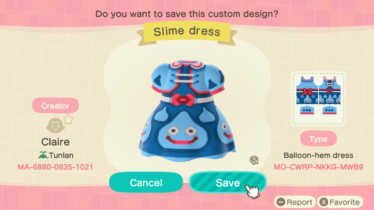 Animal Crossing Design Code: MO-CWRP-NKKG-MWB9 Slime Dress