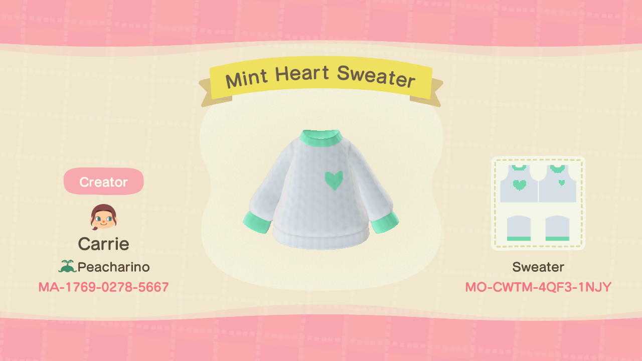 Animal Crossing Design Code: MO-CWTM-4QF3-1NJY Mint Heart Sweater