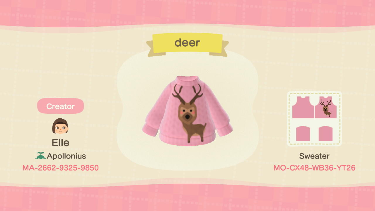 Animal Crossing Design Code: MO-CX48-WB36-YT26 deer