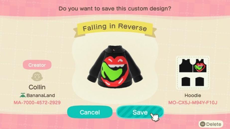 Animal Crossing Design Code: MO-CX5J-M94Y-F10Y Falling in Reverse