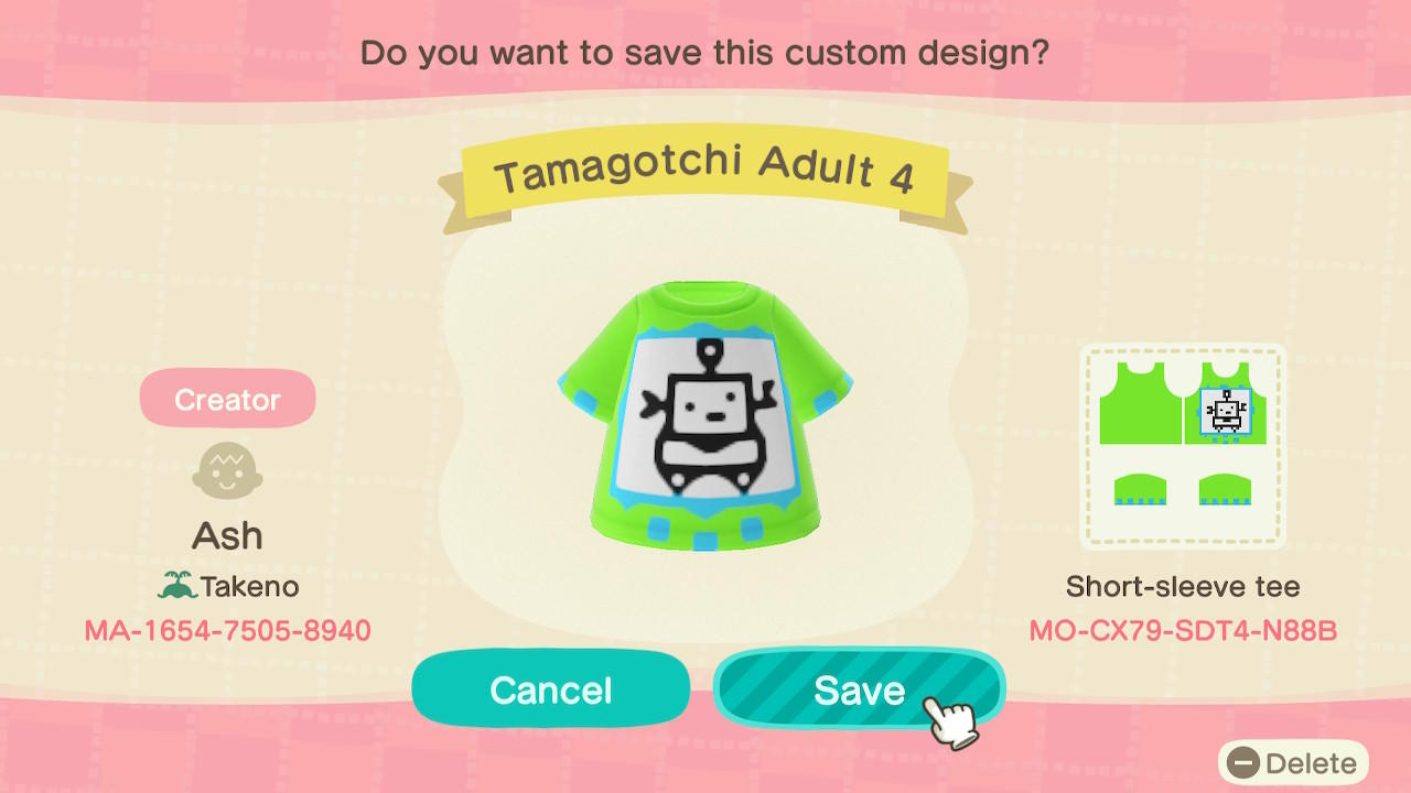 Animal Crossing Design Code: MO-CX79-SDT4-N88B Tamagotchi Adult 4