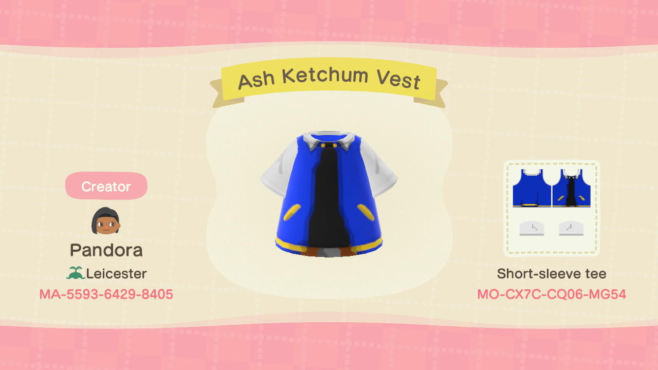 Animal Crossing Design Code: MO-CX7C-CQ06-MG54 Ash Ketchum Vest