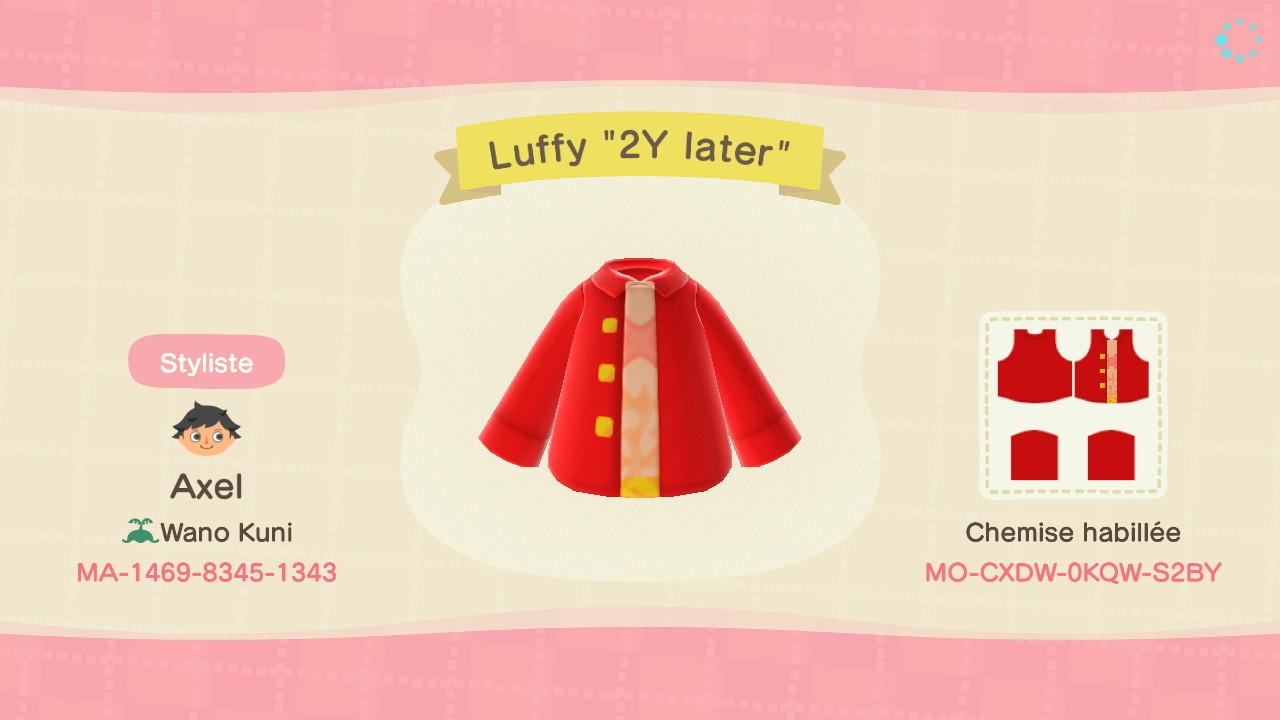 Animal Crossing Design Code: MO-CXDW-0KQW-S2BY Luffy "2Y later"