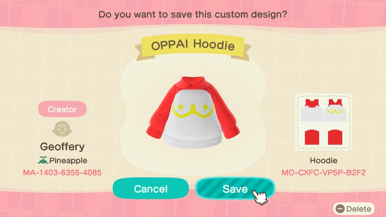 Animal Crossing Design Code: MO-CXFC-VP5P-B2F2 OPPAI Hoodie