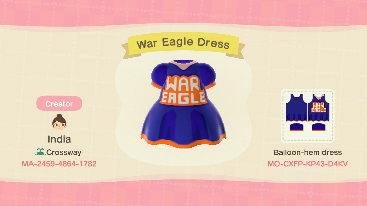 Animal Crossing Design Code: MO-CXFP-KP43-D4KV War Eagle Dress
