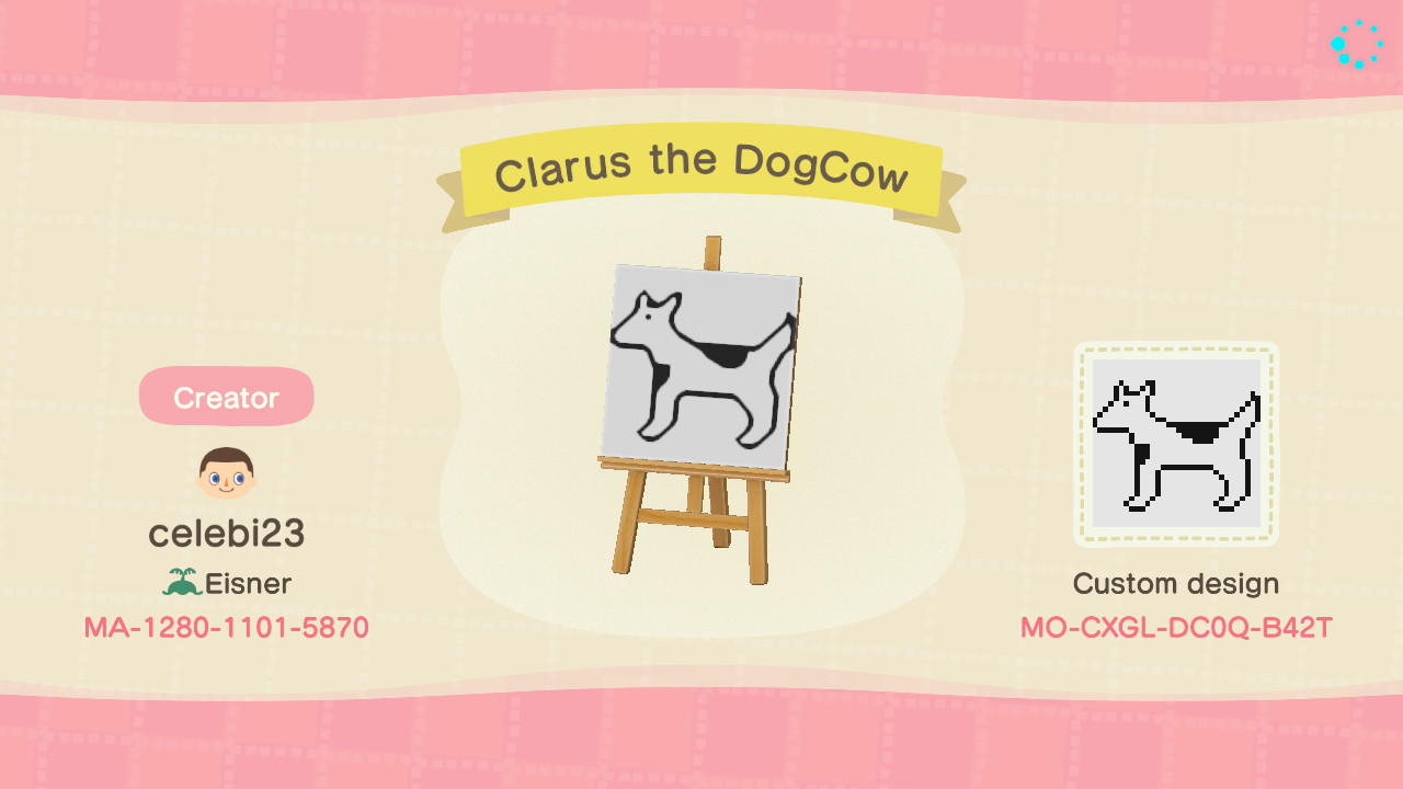 Animal Crossing Design Code: MO-CXGL-DC0Q-B42T Clarus the DogCow