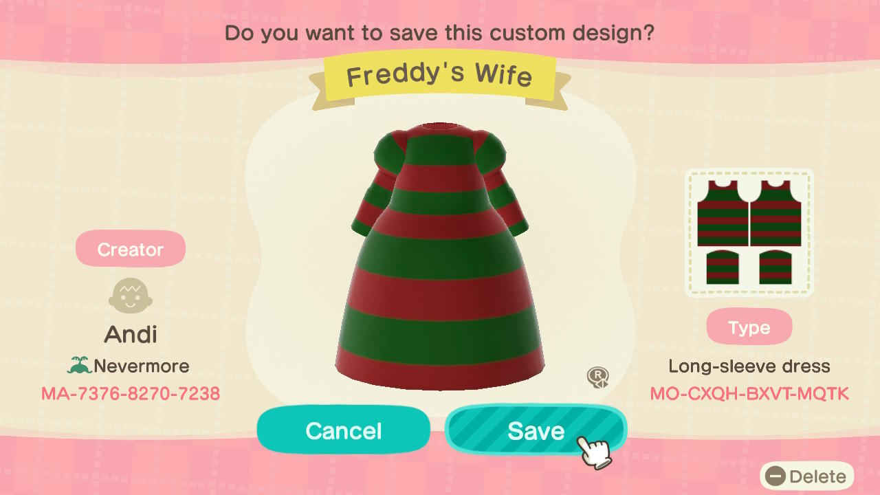 Animal Crossing Design Code: MO-CXQH-BXVT-MQTK Freddy's Wife