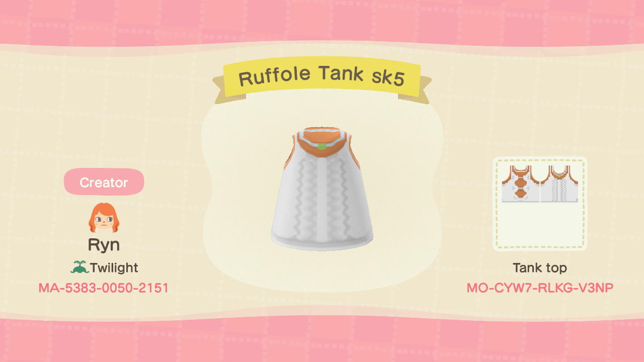 Animal Crossing Design Code: MO-CYW7-RLKG-V3NP Ruffole Tank sk5