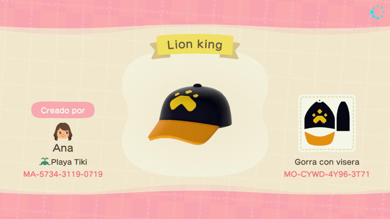 Animal Crossing Design Code: MO-CYWD-4Y96-3T71 Lion king