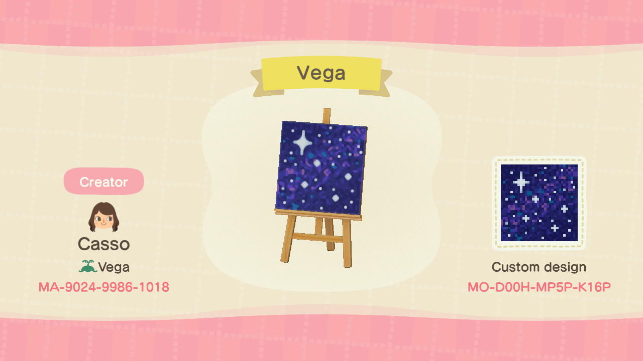 Animal Crossing Design Code: MO-D00H-MP5P-K16P Vega