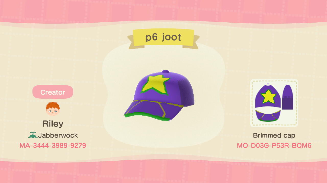 Animal Crossing Design Code: MO-D03G-P53R-BQM6 Jotaro Part 6 Hat