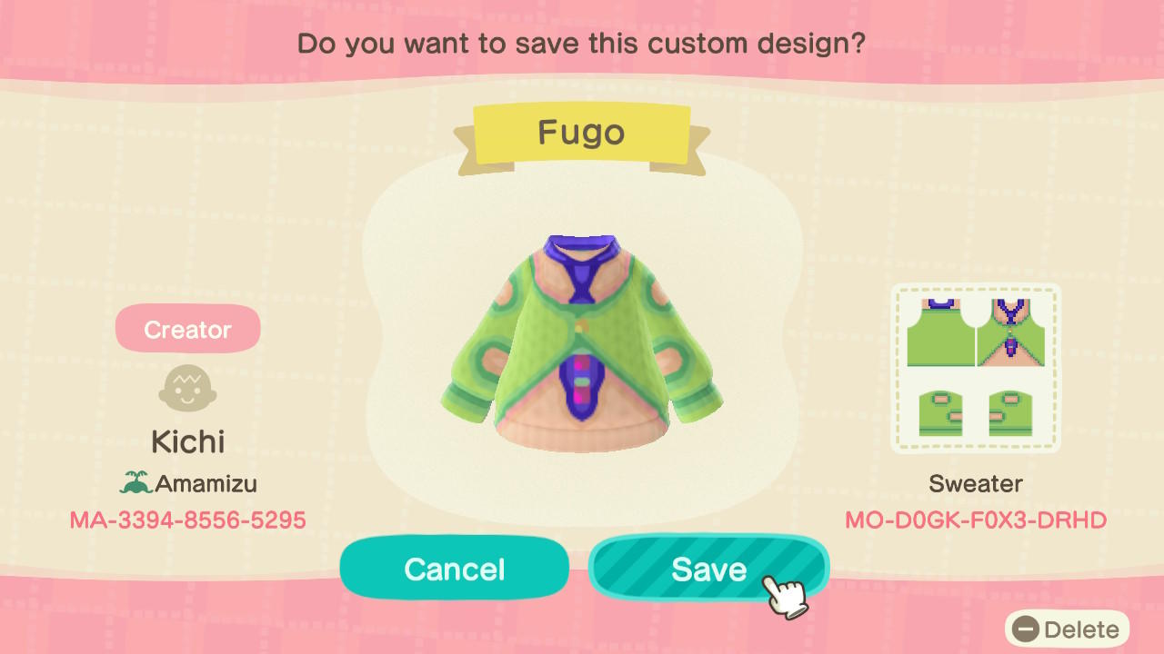 Animal Crossing Design Code: MO-D0GK-F0X3-DRHD Fugo