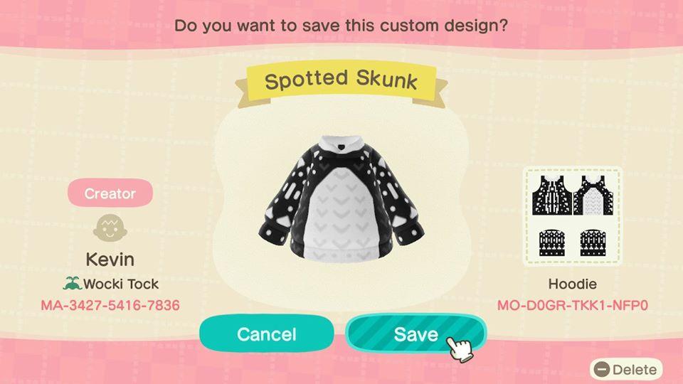 Animal Crossing Design Code: MO-D0GR-TKK1-NFP0 Spotted Skunk