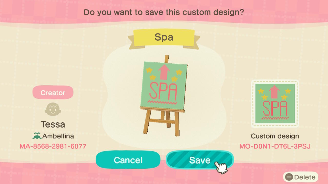 Animal Crossing Design Code: MO-D0N1-DT6L-3PSJ Spa sign up