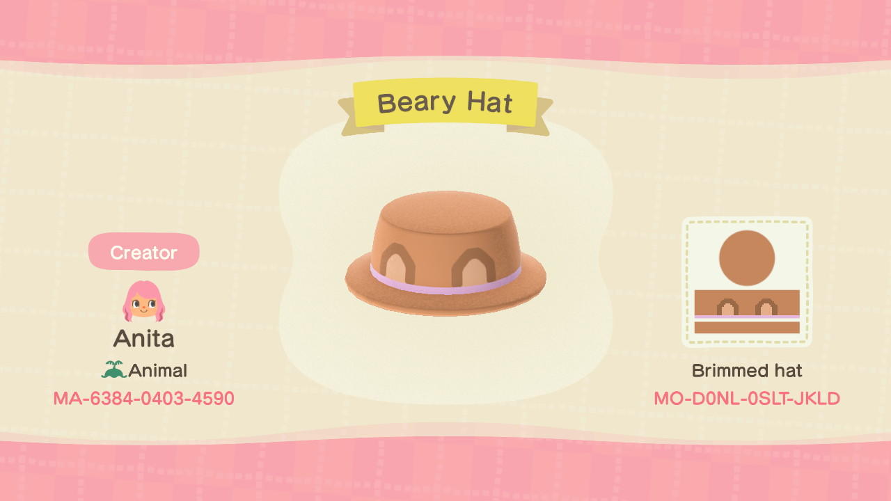 Animal Crossing Design Code: MO-D0NL-0SLT-JKLD Beary Hat