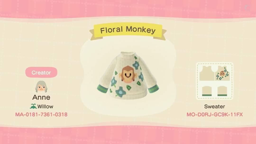 Animal Crossing Design Code: MO-D0RJ-GC9K-11FX Floral Monkey