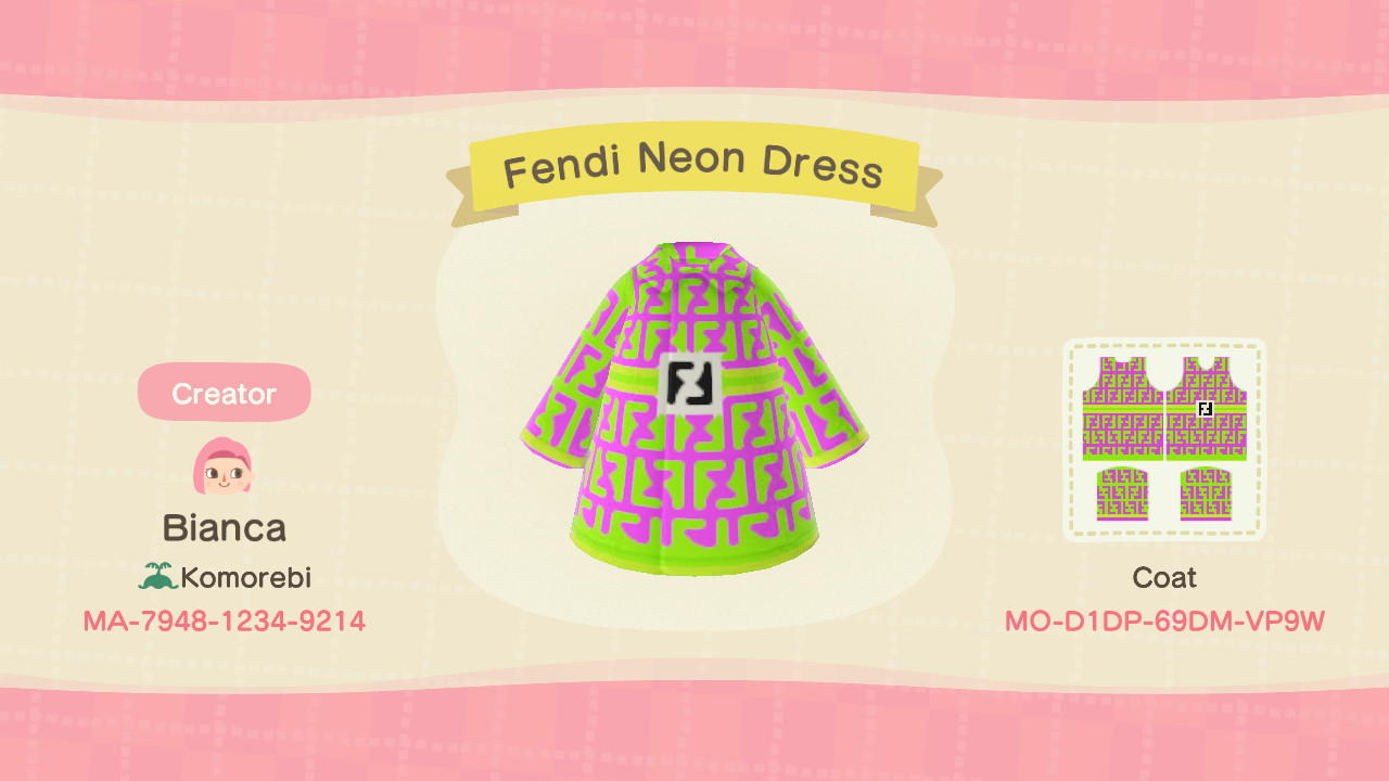 Animal Crossing Design Code: MO-D1DP-68DM-VP9W Fendi Neon Dress