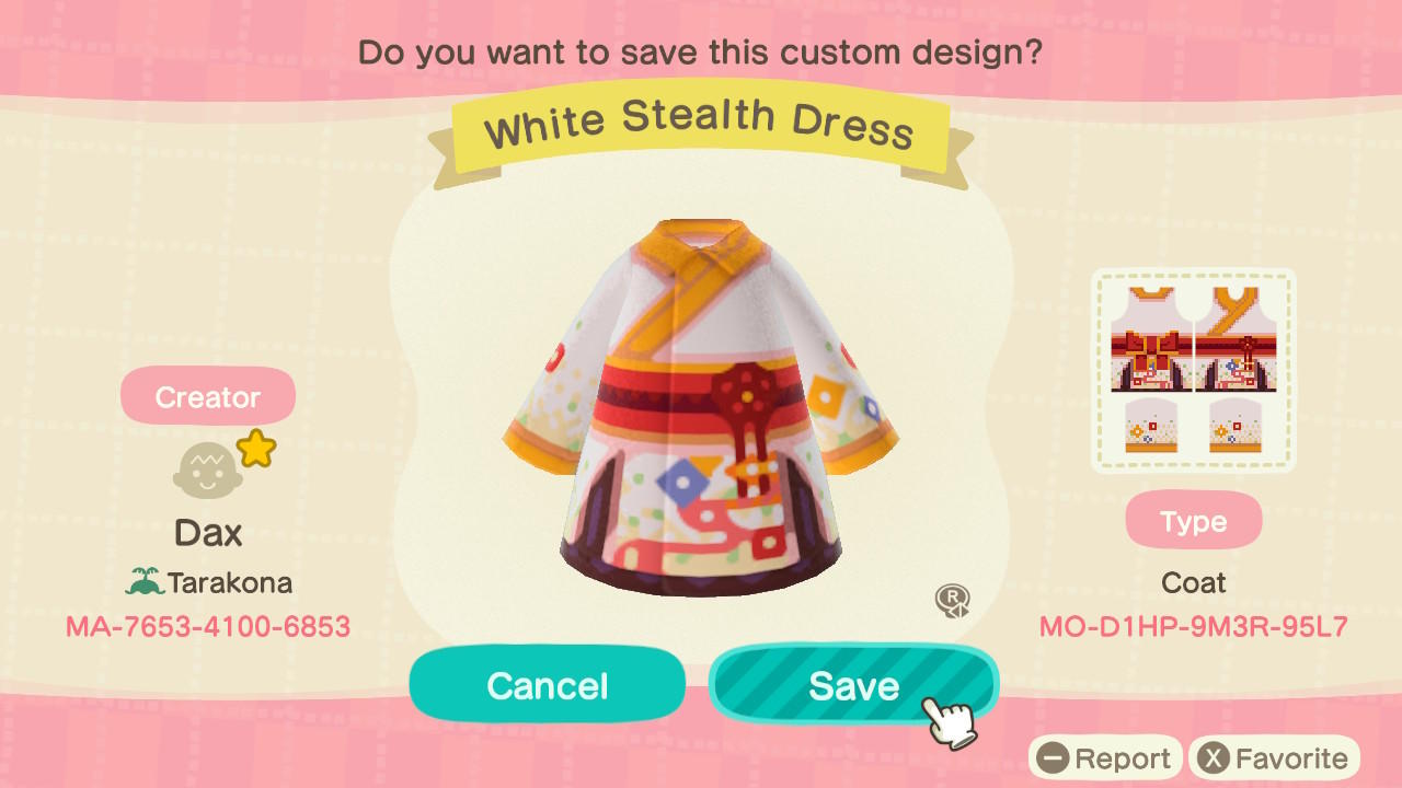 Animal Crossing Design Code: MO-D1HP-9M3R-95L7 White Stealth Dress