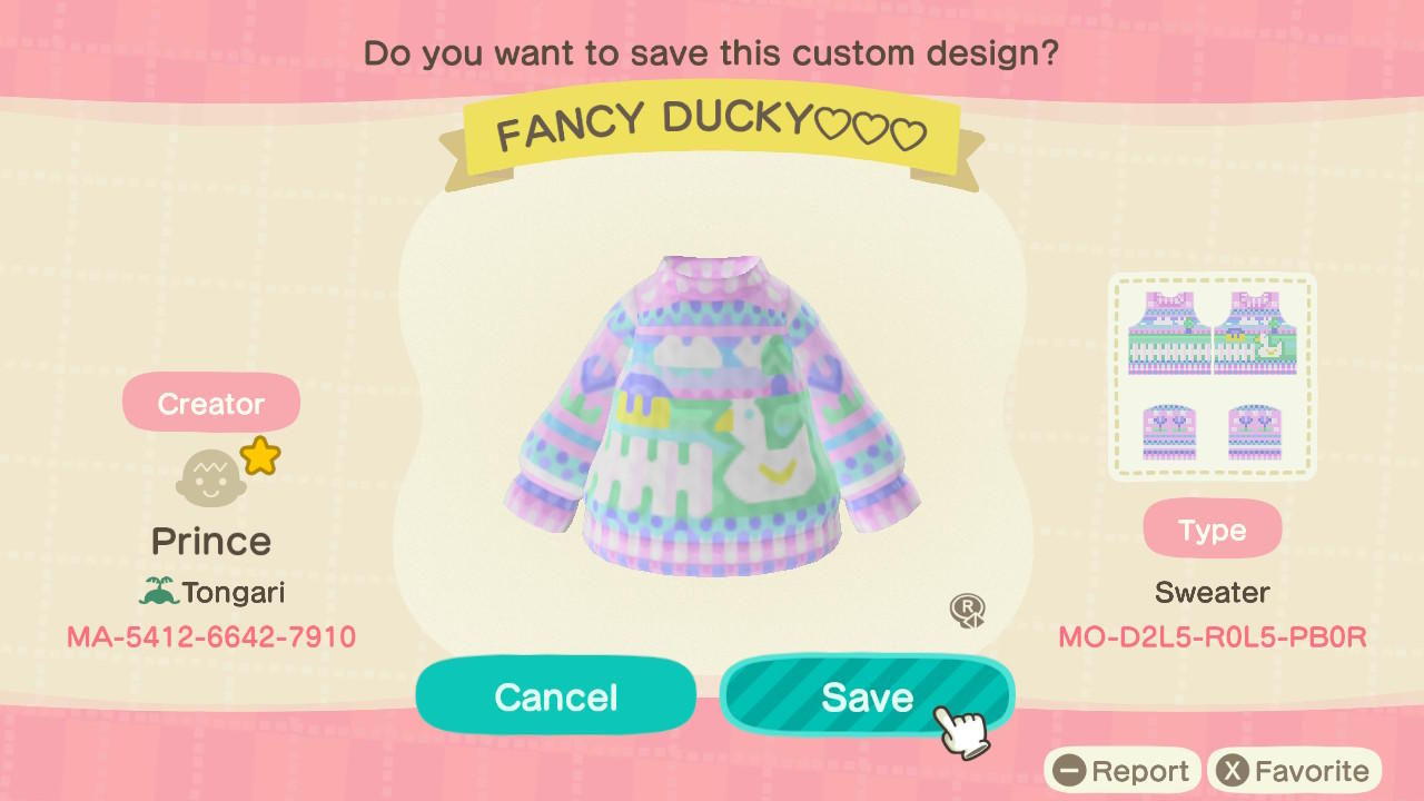Animal Crossing Design Code: MO-D2L5-R0L5-PB0R Fancy Ducky