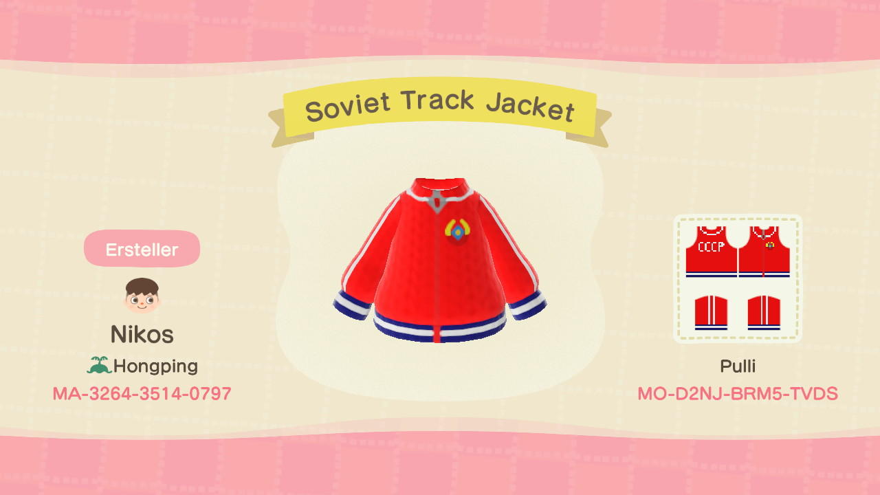Animal Crossing Design Code: MO-D2NJ-BRM5-TVDS Soviet Track Jacket