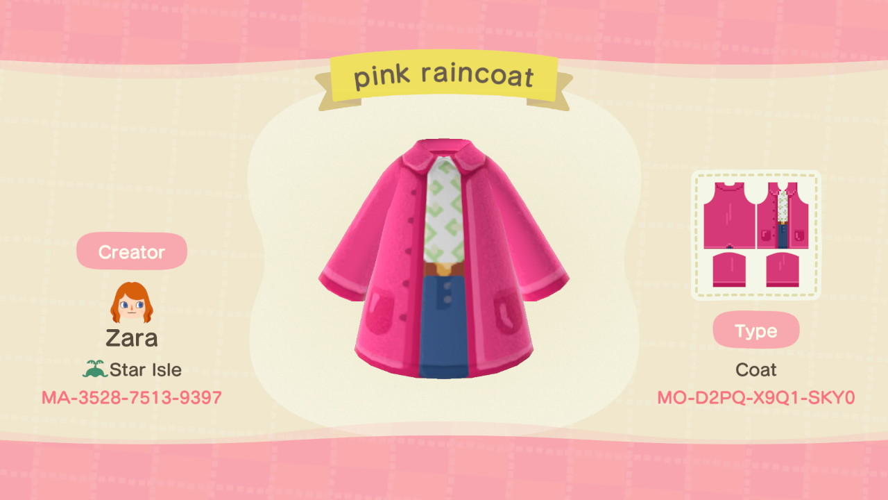 Animal Crossing Design Code: MO-D2PQ-X9Q1-SKY0 pink raincoat