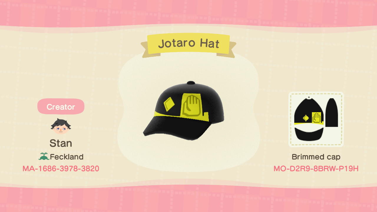 Animal Crossing Design Code: MO-D2R9-8BRW-P19H Jotaro Hat